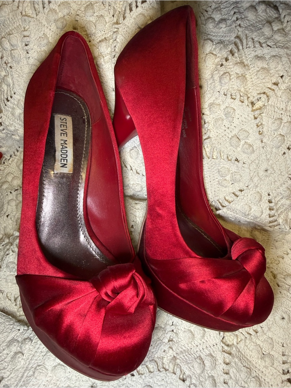 Steve Madden Red Satin Knot Peep-Toe Heels
